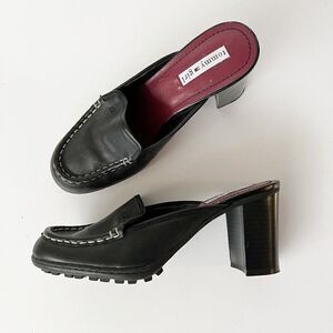 Vintage 90s Y2K Black Leather Schoolgirl Mules Tommy Heeled Loafers Size 7.5